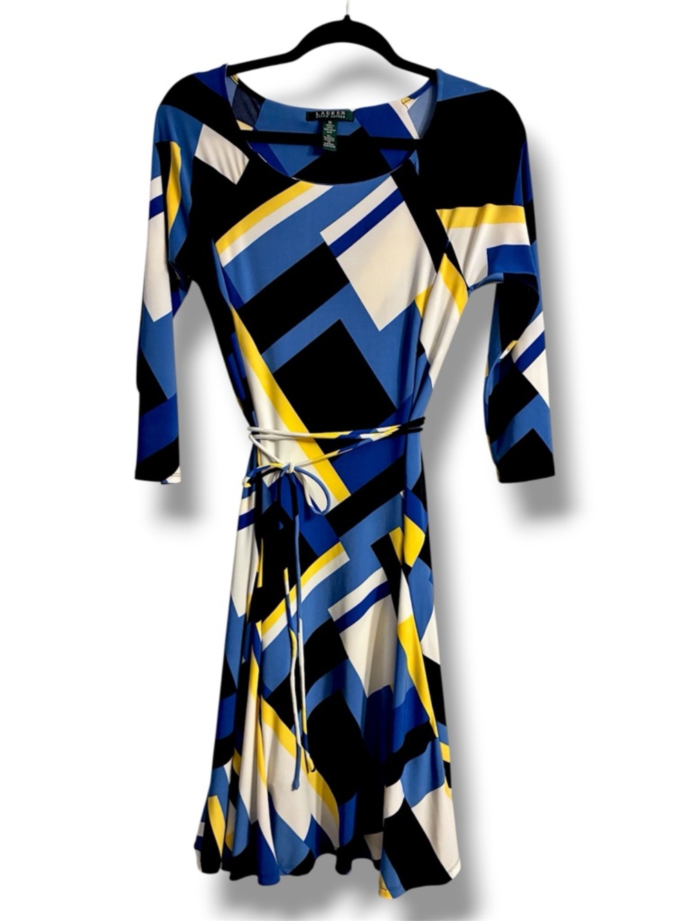 💙 Lauren Ralph Lauren Geometric Print Tie Waist Dress Medium Blue Yellow